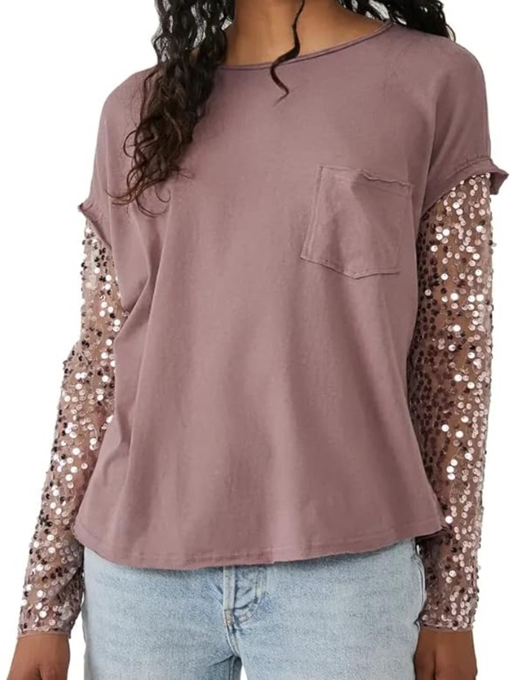 Free People Mauve Celine Sequined Long Sleeve Oversized Pocket Tee Size XS NWT